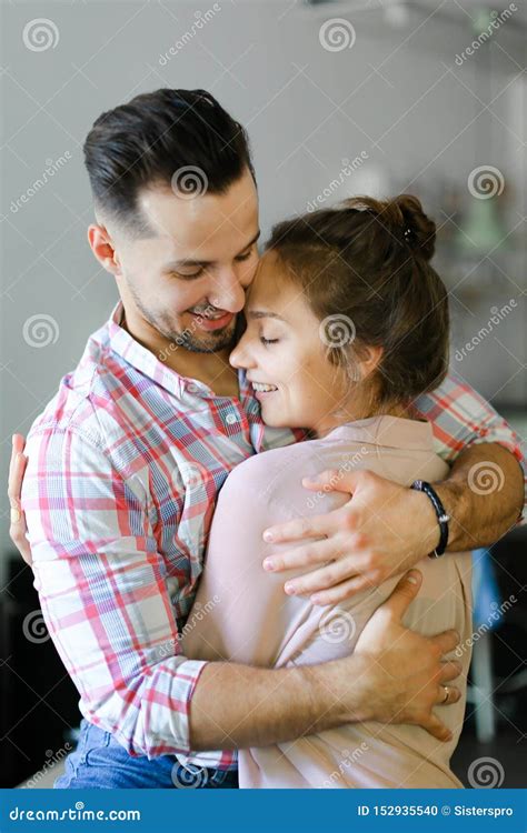Happy Pretty Husband Hugging Wife At Home Stock Photo Image Of