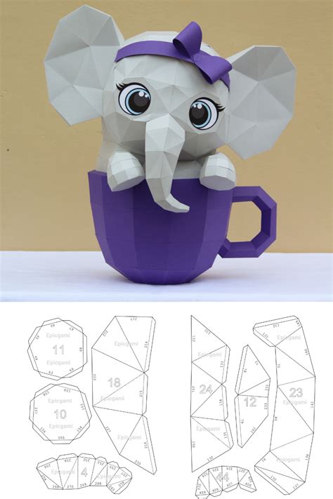 3d Papercraft Cute Elephant In Cup Diy Paper Model Sculpture Origami