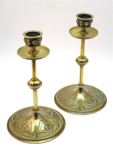 Decorative Pair Arts And Crafts Style Ornate Brass Candlesticks 7 Tall Candlesticks Antique