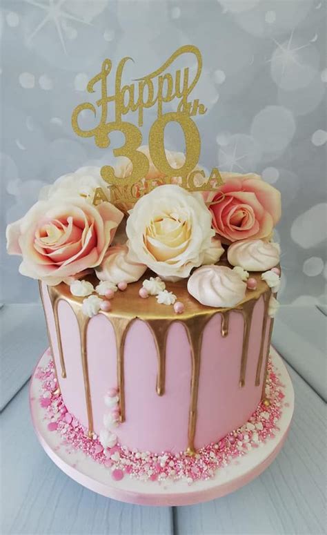 Ladies Gold Drip Cake With Silk Roses In 2020 30th Birthday Cake For