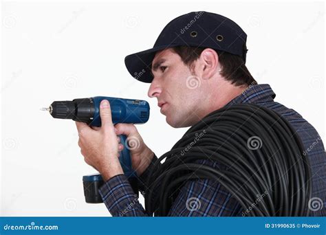 A Man Holding A Drill Stock Image Image Of Drill Male