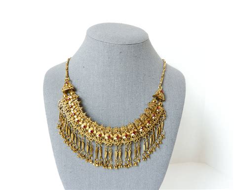 Vintage Gold Bib Necklace In Ornate Design With Red
