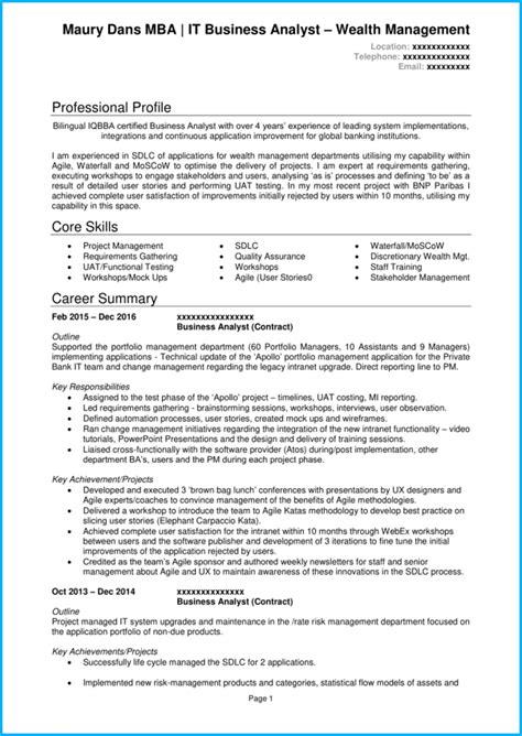 Business analyst skills & competencies. Business analyst CV example page 1 in 2020 | Business ...