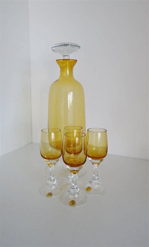 Vintage Amber Glass Decanter And Four Cordial Liquor By Crabtulip Amber Glass Vintage
