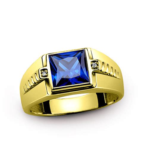 10k Gold Mens Ring With Blue Sapphire Gemstone And Natural Diamonds
