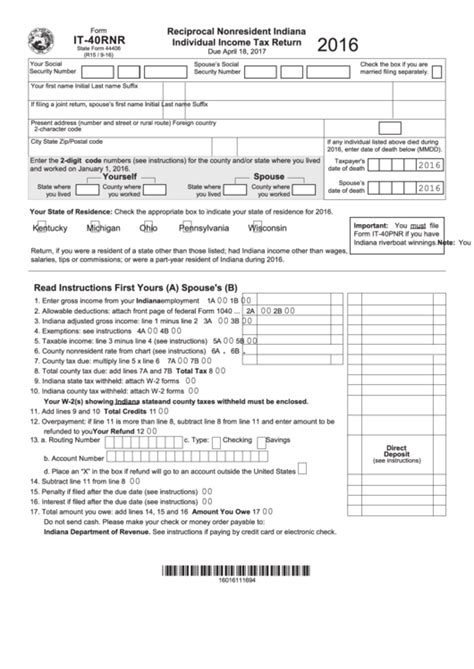 Fillable Form It 40rnr Reciprocal Nonresident Indiana Individual
