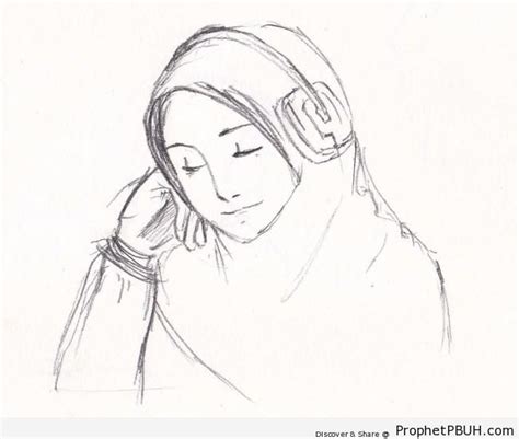 Muslimah With Headphones Line Drawing Drawings Prophet Pbuh