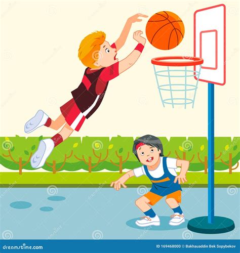 Niños Jugando Baloncesto En Un Patio De Recreo Caricatura Vectorial