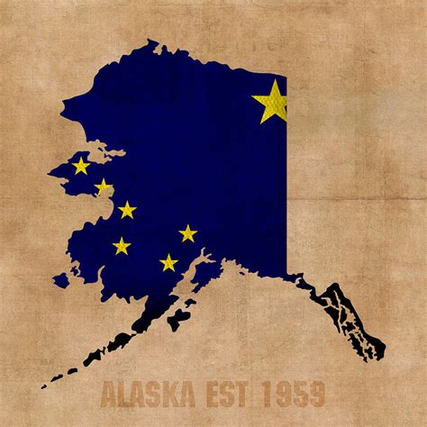 Alaska State Flag Map Outline With Founding Date On Worn Parchment