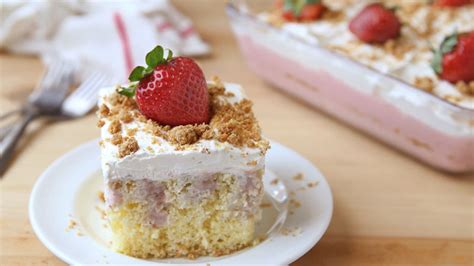 Vegetable oil, water, eggs as called for on cake mix box. Strawberry Cheesecake Poke Cake recipe from Betty Crocker
