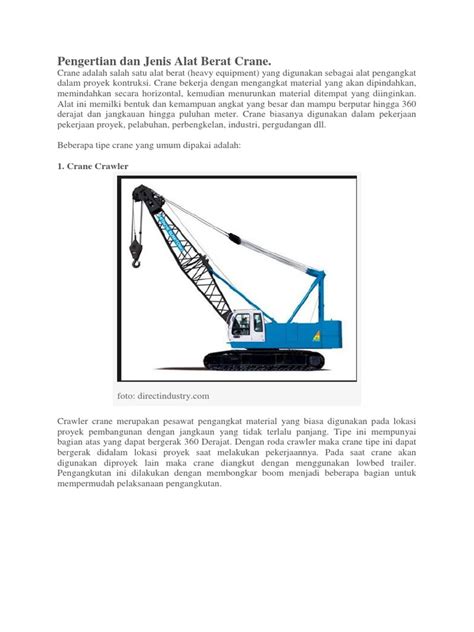 Alat berat umumnya digunakan peda pekerjaan konstruksi, seperti. Pengertian Dan Jenis Alat Berat Crane
