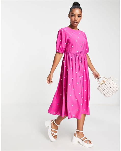 pieces synthetic puff sleeve midi dress in pink lyst canada