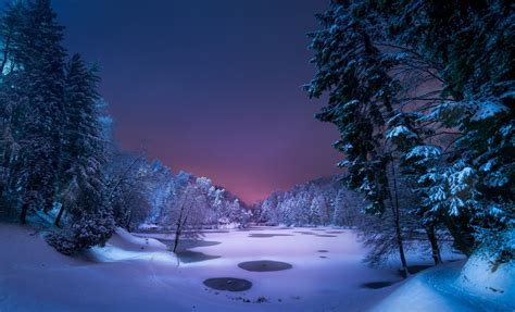 Night Landscape Snow Ice Winter Trees Nature Wallpaper And Background