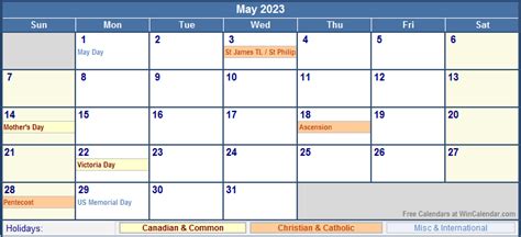 May 2023 Canada Calendar With Holidays For Printing Image Format