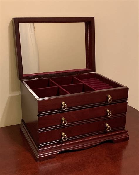 Vintage Solid Fine Wood Jewelry Cabinet Box Hand Crafted Mirror Padded Compartments And