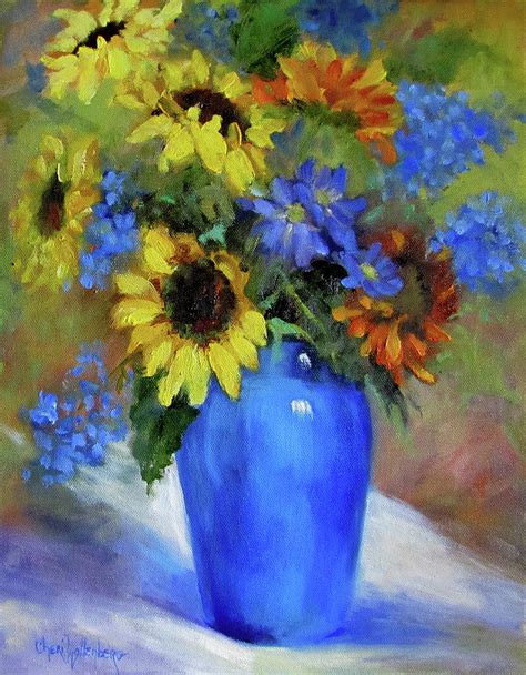 Cobalt Blue Vase With Sunflower Arrangement I Painting By Cheri Wollenberg