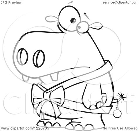 Clipart Of A Cartoon Black And White Christmas Hippo In A Bow And A