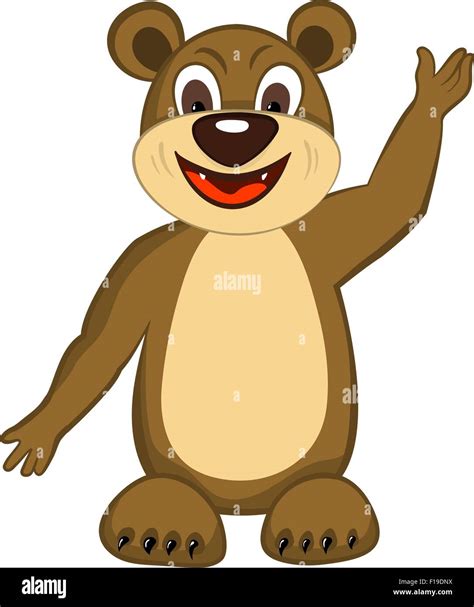 Funny Cartoon Character Bear With Smile And Waving Paw Over White