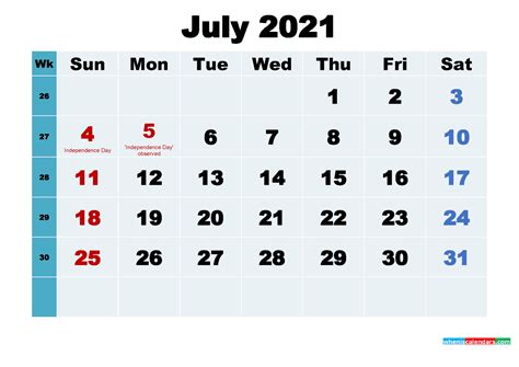 Printable Calendar July 2021 Free 6 Templates