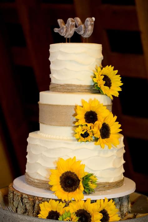 Rustic Wedding Cake W Sunflowers Burlap And Wood Birds