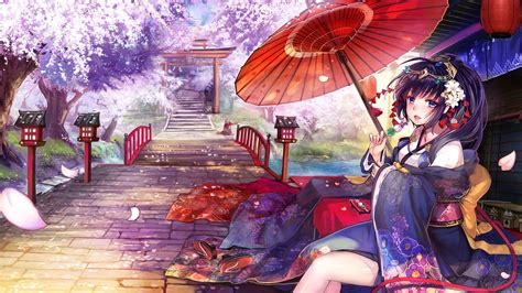 Anime Girls Kimono Umbrella Bridge Hd Wallpaper