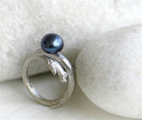 Peacock Pearl Ring Branch Sterling Silver Ring With Dark Blue Gray