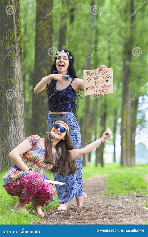 Hippie Girls In The Woods Editorial Image Image Of Play 94658090