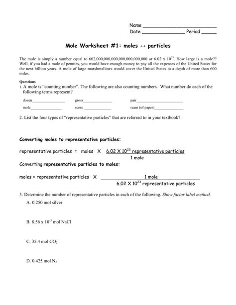 Mole Worksheet Answers