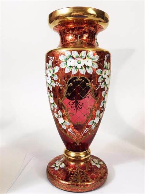 Egermann Czech Bohemian Glass Vase Big 12 Raised Enamel Ruby Red Crackle Gold Galeria De Arte