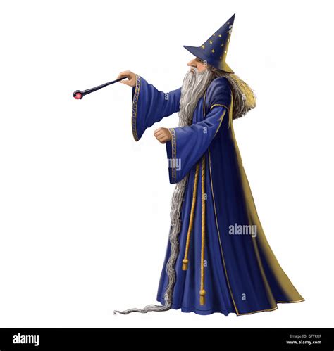 Wizard Waving His Magic Wand Isolated On A White Background Stock Photo