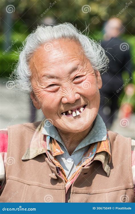 Old Chinese Woman Friendly Toothless Toothy Smiling Outddors Portrait