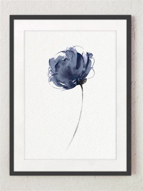 Abstract Navy Flower Watercolor Art Print Modern Floral Painting