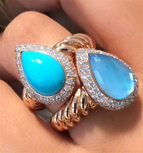 Natural Turquoise And Blue Quartz Ring Surrounded With Diamonds And