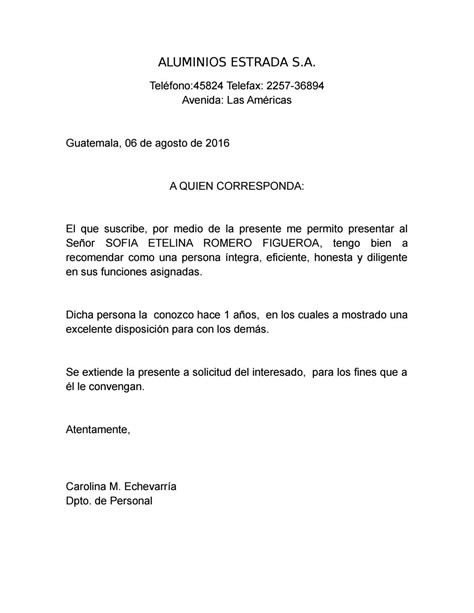 Carta De Recomendación Personal Y Laboral By Diana Odily PÉrez OrtÍz