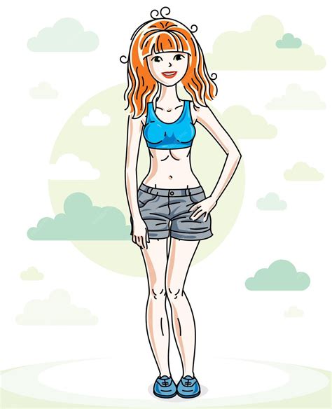 Premium Vector Beautiful Young Redhead Woman Posing On Background With Blue Heavens Clouds And
