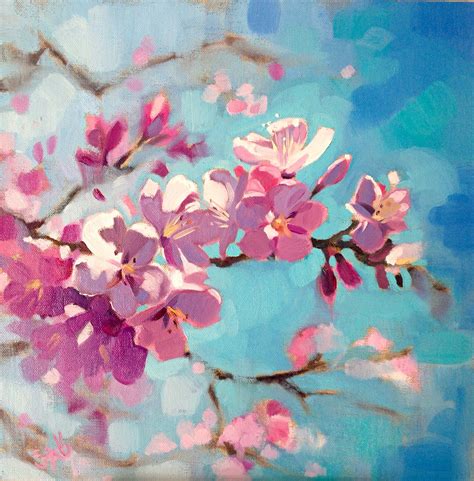 Cherry Blossom Oil Paints On Linen Board 12x12 Cherry Blossom