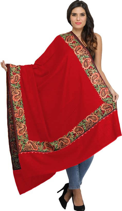 Plain Shawl From Amritsar With Embroidered Paisleys On Border Exotic