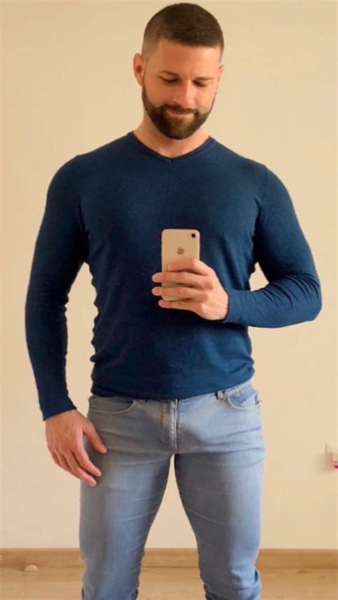 Selfie With Sweater In Bulging Jeans Men In Tight Pants Skinny Jeans Men Sexy Bearded Men