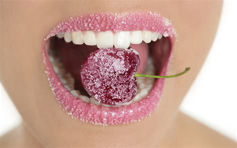 Pictures Lips Macro Teeth Cherry Food Closeup 1920x1200