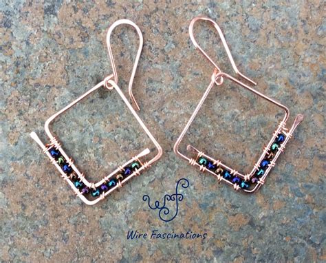 Handmade Copper Earrings Square Spiral Hoops With Wire Wrapped Blue