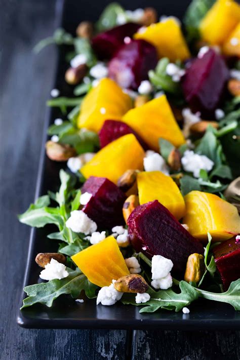 Easy Roasted Beet Salad With Goat Cheese Arugula And Pistachios