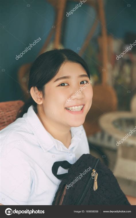 Cute Asian Fat Girl Smile Student Teen Young Happy Closeup Head Stock