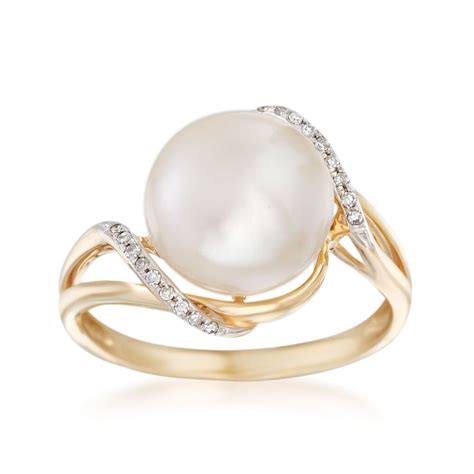 10 105mm Cultured Pearl Wave Ring With Diamond Accents In 14kt Yellow
