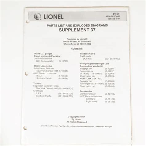 LIONEL PARTS LIST And Exploded Diagrams Supplement Issued PicClick