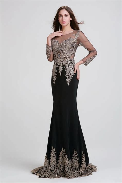 black mermaid evening dresses elegant long sleeve evening gowns o neck beaded appliques formal