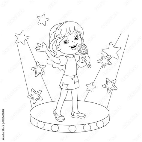 Coloring Page Outline Of Girl Singing A Song On Stage Stock Vector