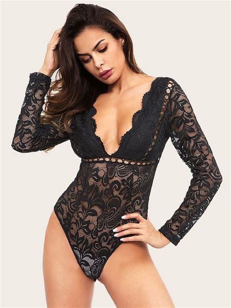 Lace Deep V Neck Sheer Backless Bodysuit SHEIN Lace Bodysuit Bodysuit Fashion Lace