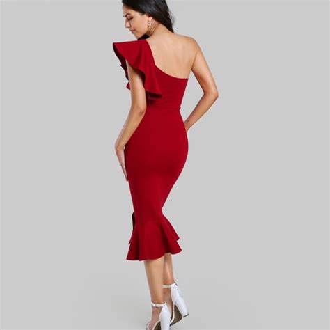 Shein Dresses Sexy Elegant Red Dress Party With One Shoulder Poshmark