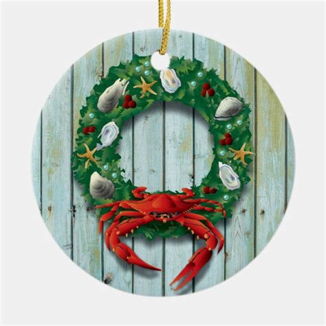 Coastal Holiday Crab Wreath Ceramic Ornament Zazzle Com In