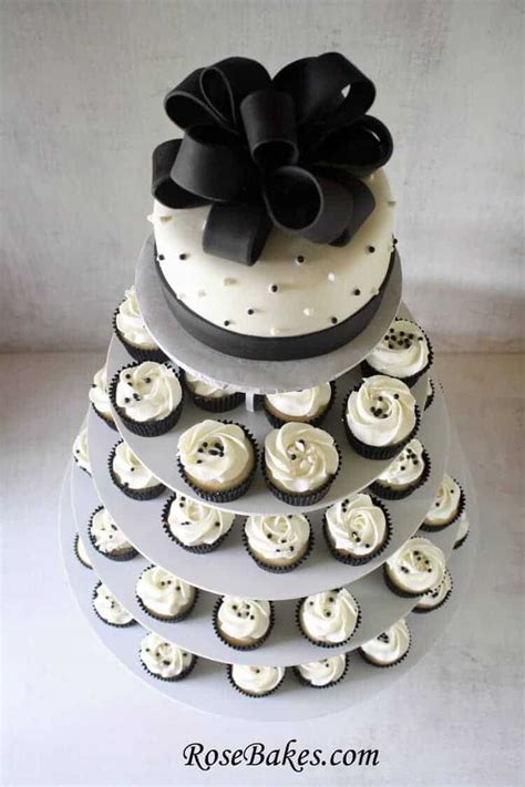Black And White Wedding Cake And Cupcake Tower